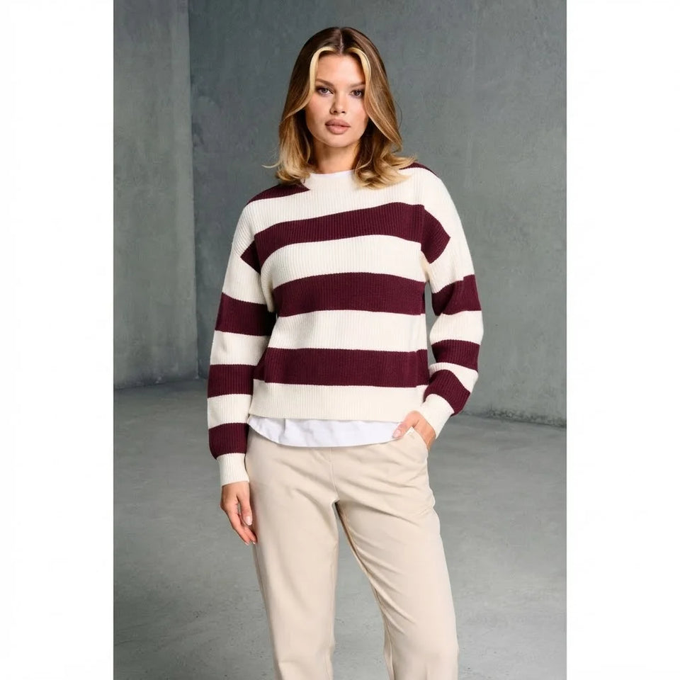 Sinsay Women's White & Burgundy Striped Sweater