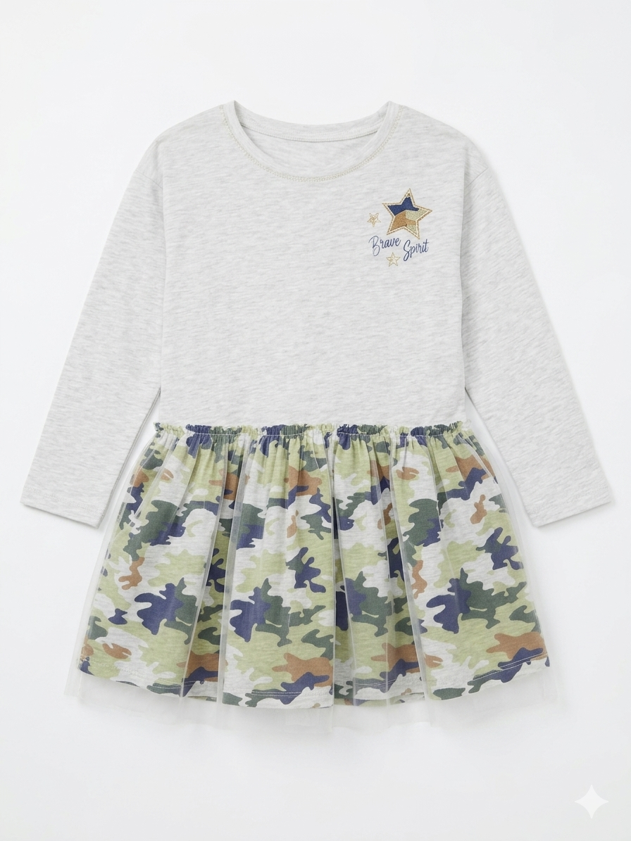 Top.Top Girl's Grey Camo Printed Long Sleeves Dress | Top.Top In Lebanon