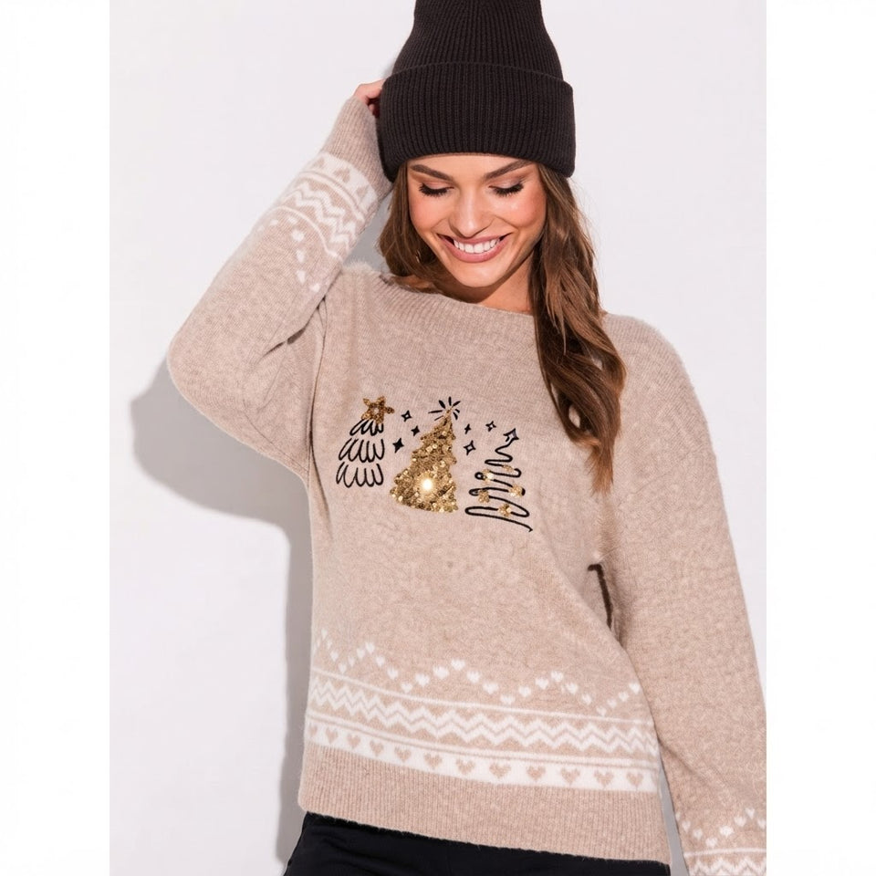 Sinsay Women's Beige Christmas Trees Sequins Sweater