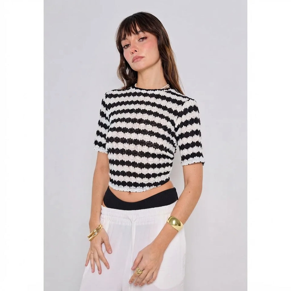 Sinsay Women's Black & White Striped Short-Sleeve Knit Sweater