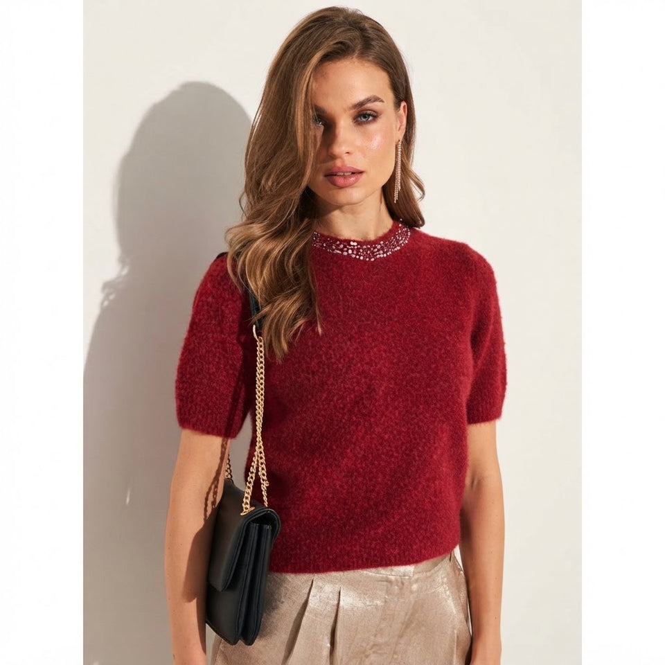 Sinsay Women's Burgundy Decorated Neckline Short-Sleeves Sweater
