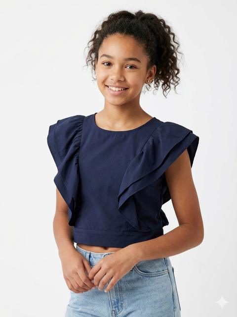Ativo Girl's Navy Sleeveless Ruffled Blouse | Ativo In Lebanon