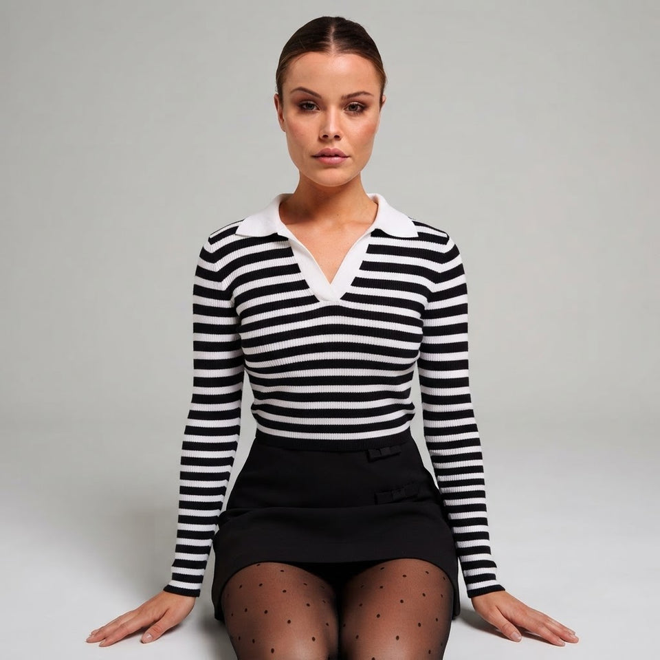 Sinsay Women's White & Black Striped Knitted Sweater