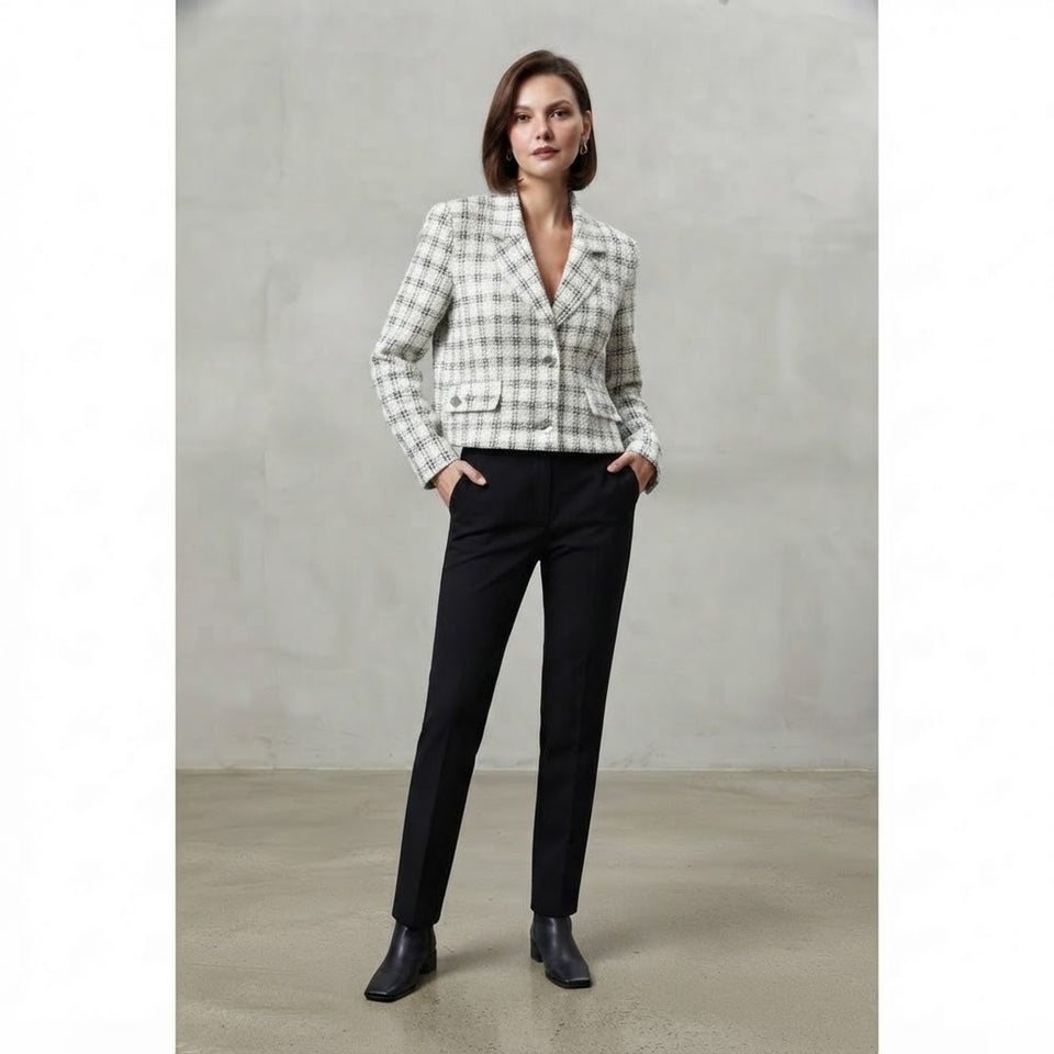 NY Collection Women's Cream & Black Plaid Tweed Cropped Blazer