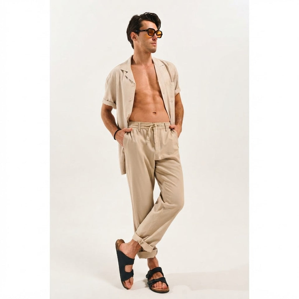 Sinsay Men's Beige Straight Fit Linen-Blend Trousers