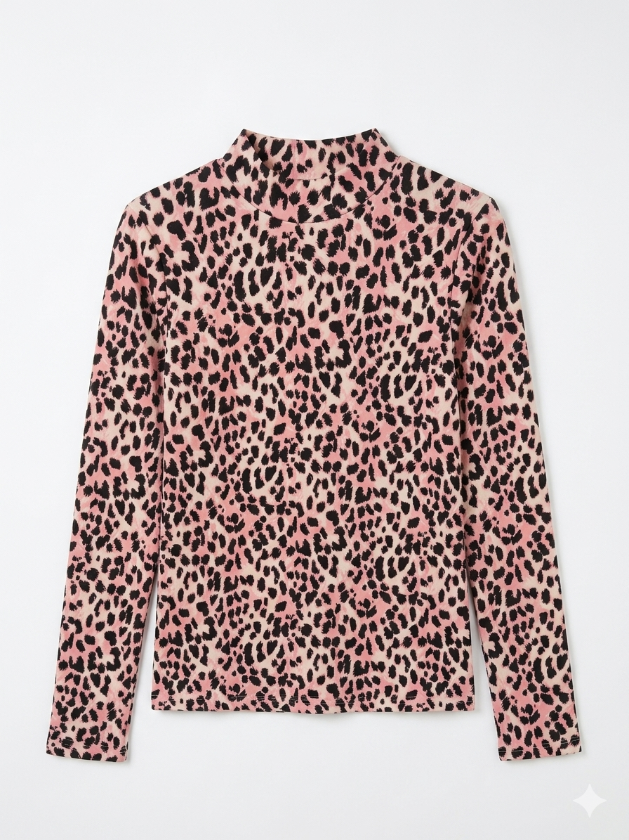 Ativo Girl's Light Pink Leopard Mock Neck Long Sleeve Blouse | Ativo In Lebanon
