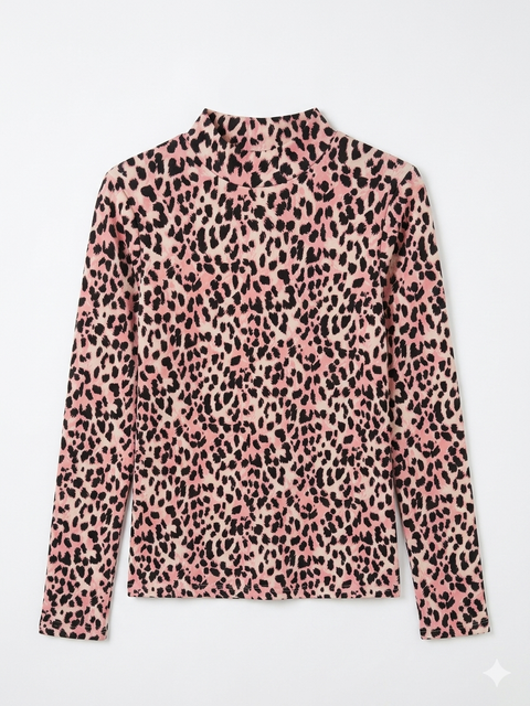 Ativo Girl's Light Pink Leopard Mock Neck Long Sleeve Blouse | Ativo In Lebanon