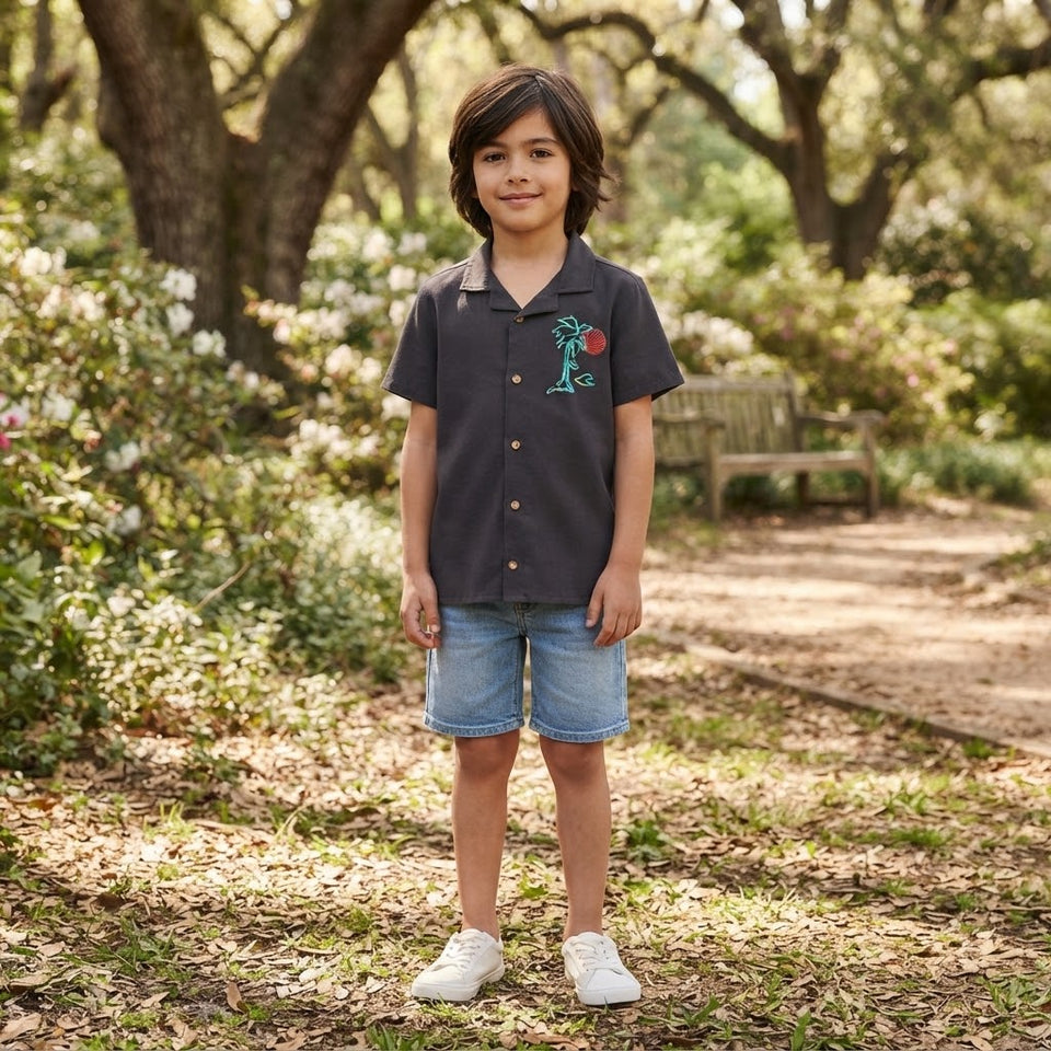 Epic Threads Boy's Dark Grey Chest-Print Short Sleeve Shirt