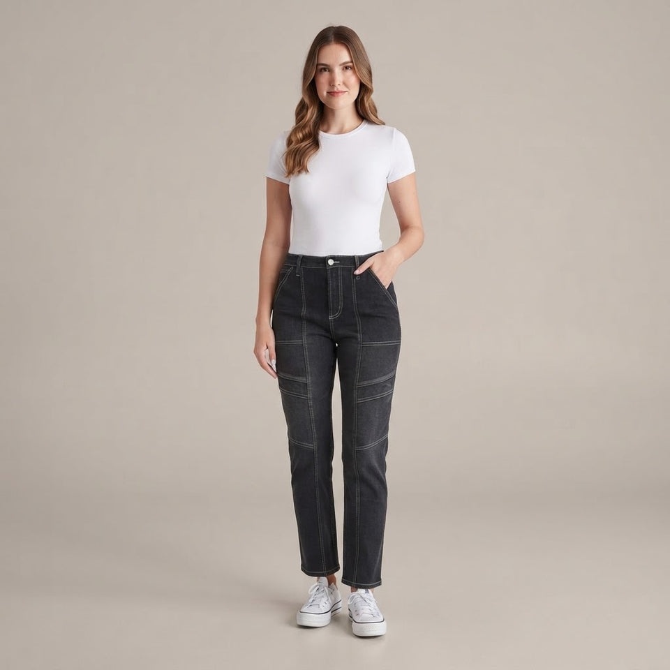 Indigo Rein Women's Dark Grey High-Rise Seamed Straight-Leg Jeans