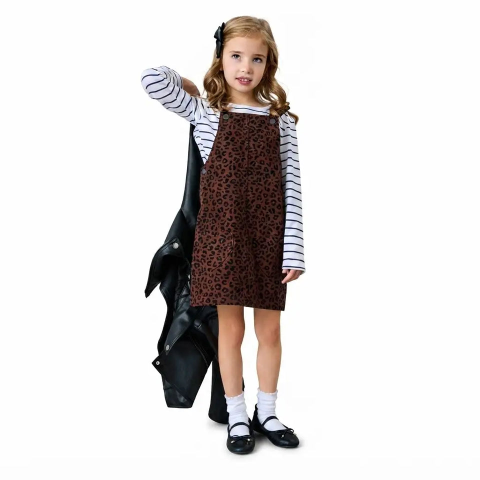 Sinsay Girl's Brown Leopard-Print Corduroy Jumper Dress