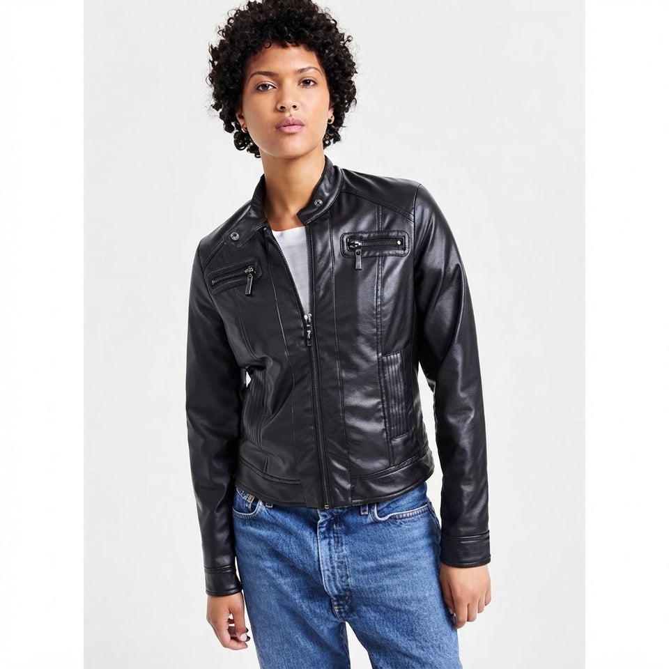 JouJou Women's Black Faux-Leather Moto Jacket