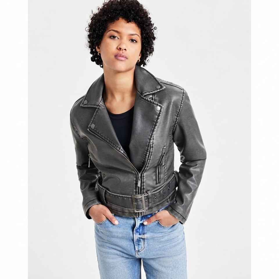 JouJou Women's Dark Grey Leather Asymmetric Moto Jacket