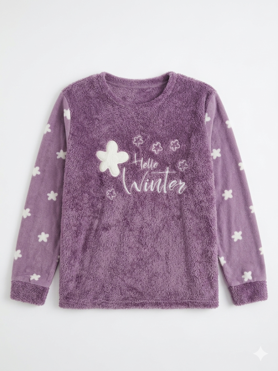 Pijamaevi Women's Purple Hello Winter Patterned Full Plush Fleece Pajama Top | Pijamaevi In Lebanon