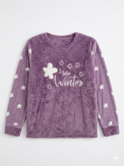 Pijamaevi Women's Purple Hello Winter Patterned Full Plush Fleece Pajama Top | Pijamaevi In Lebanon