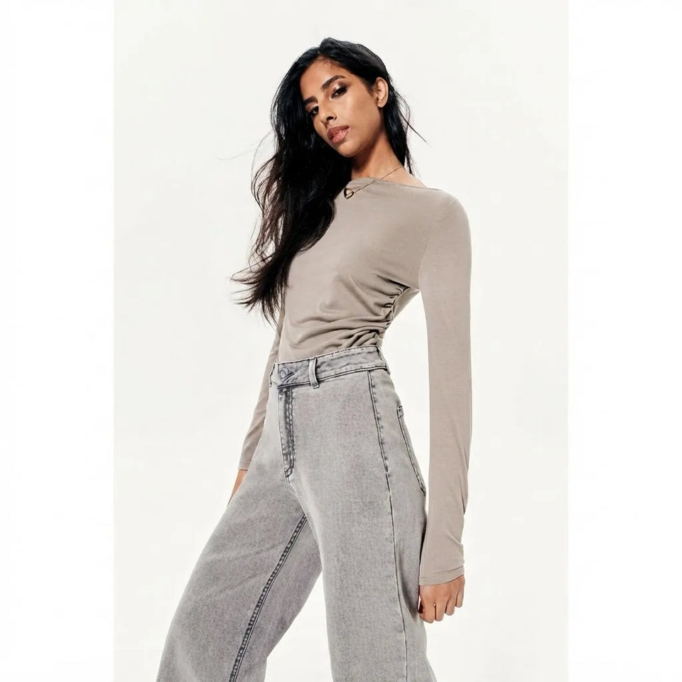 Sinsay Women's Greige Long-Sleeve Crew-Neck Blouse