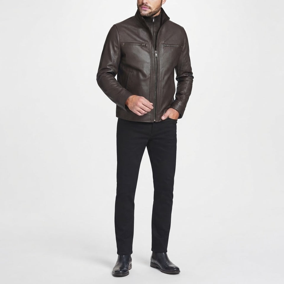 Andrew Marc Men's Brown Leather Stand Collar Jacket