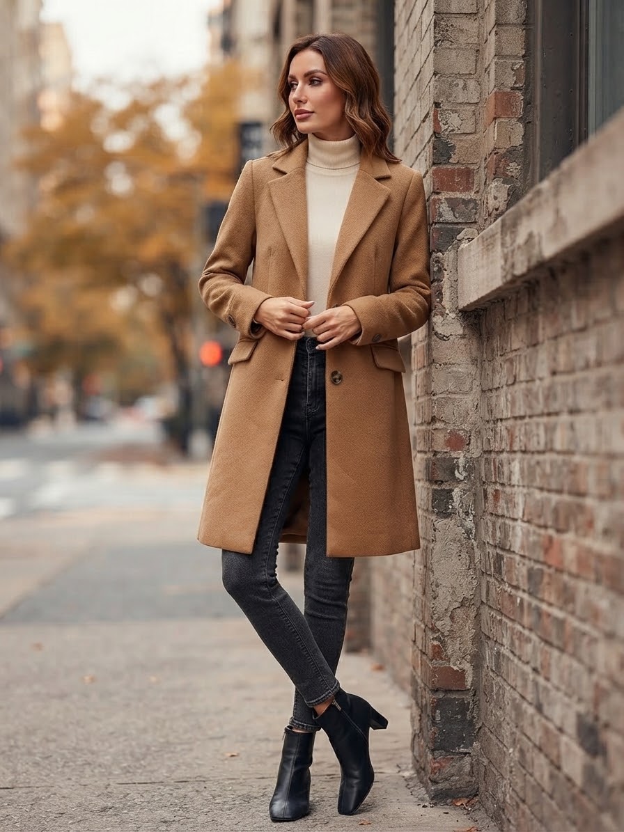 A woman stands on a city sidewalk beside a brick wall, wearing a camel-colored mid-length coat over a cream turtleneck, dark skinny jeans, and black ankle boots.