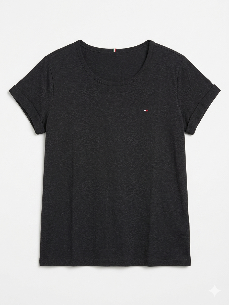 Black t-shirt with a small logo on a white background
