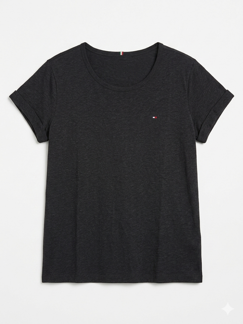 Black t-shirt with a small logo on a white background