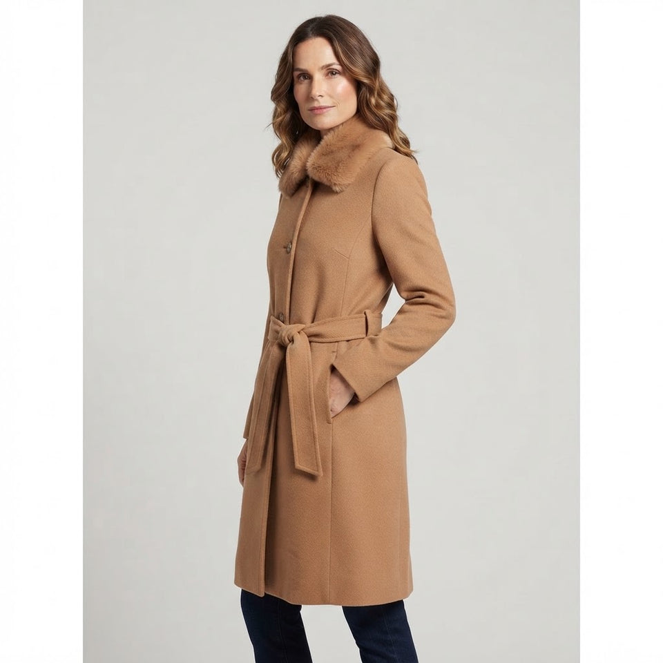DKNY Women's Camel Faux-Fur Collar Belted Coat