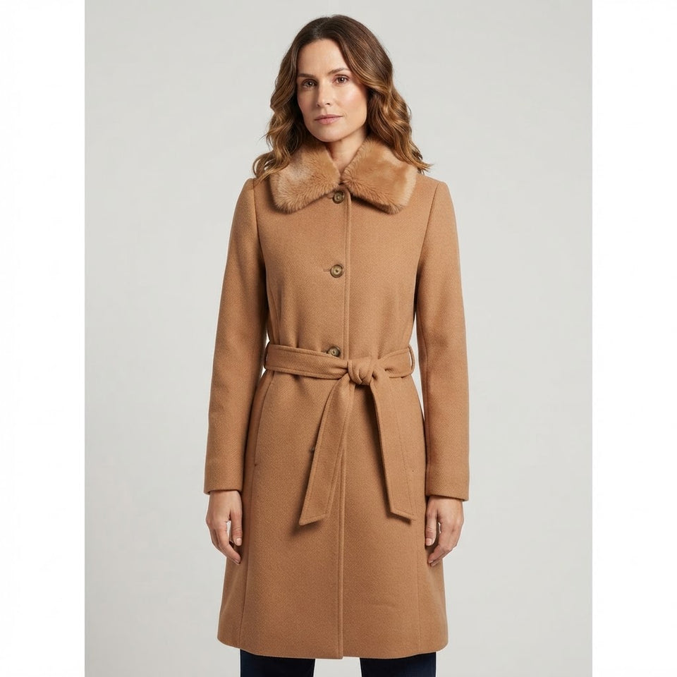 DKNY Women's Camel Faux-Fur Collar Belted Coat