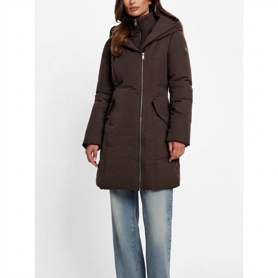 Guess Women's Brown Hooded Puffer Long Coat