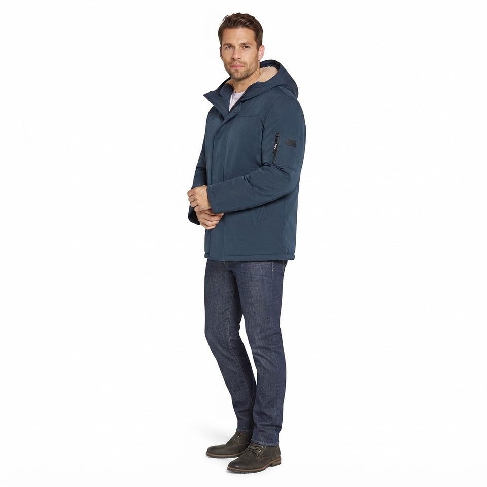 Sean John Men's Navy Sherpa Trimmed Bomber Hooded Jacket