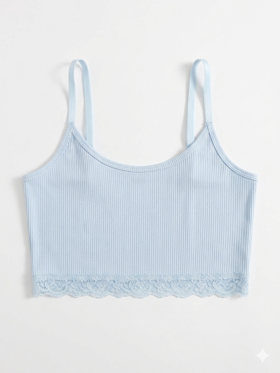 Don't Call Me Jennyfer Women's Light Blue Ribbed Crop Top With Lace Hem | Don't Call Me Jennyfer In Lebanon