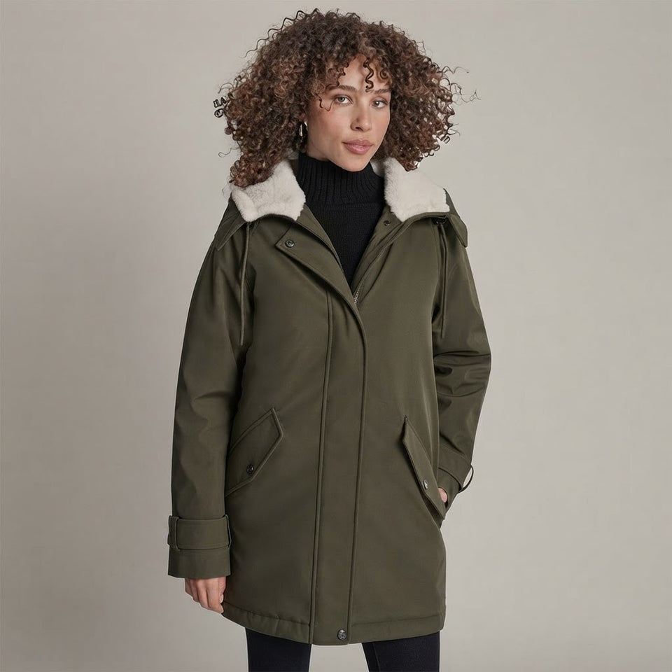 DKNY Women's Olive Green Faux-Fir Hooded Softshell Coat