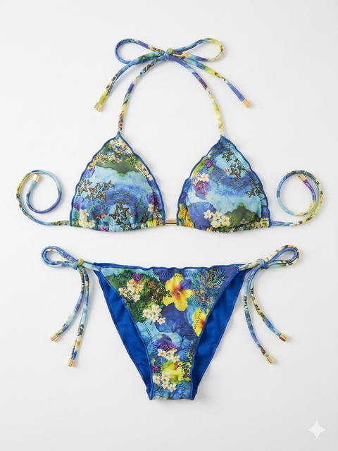 Maryssil Women's Blue Floral Print Triangle Bikini Set | Maryssil In Lebano