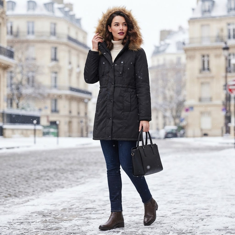 Madden Girl Women's Black Faux-Fur Trim Hooded Anorak Parka Coat