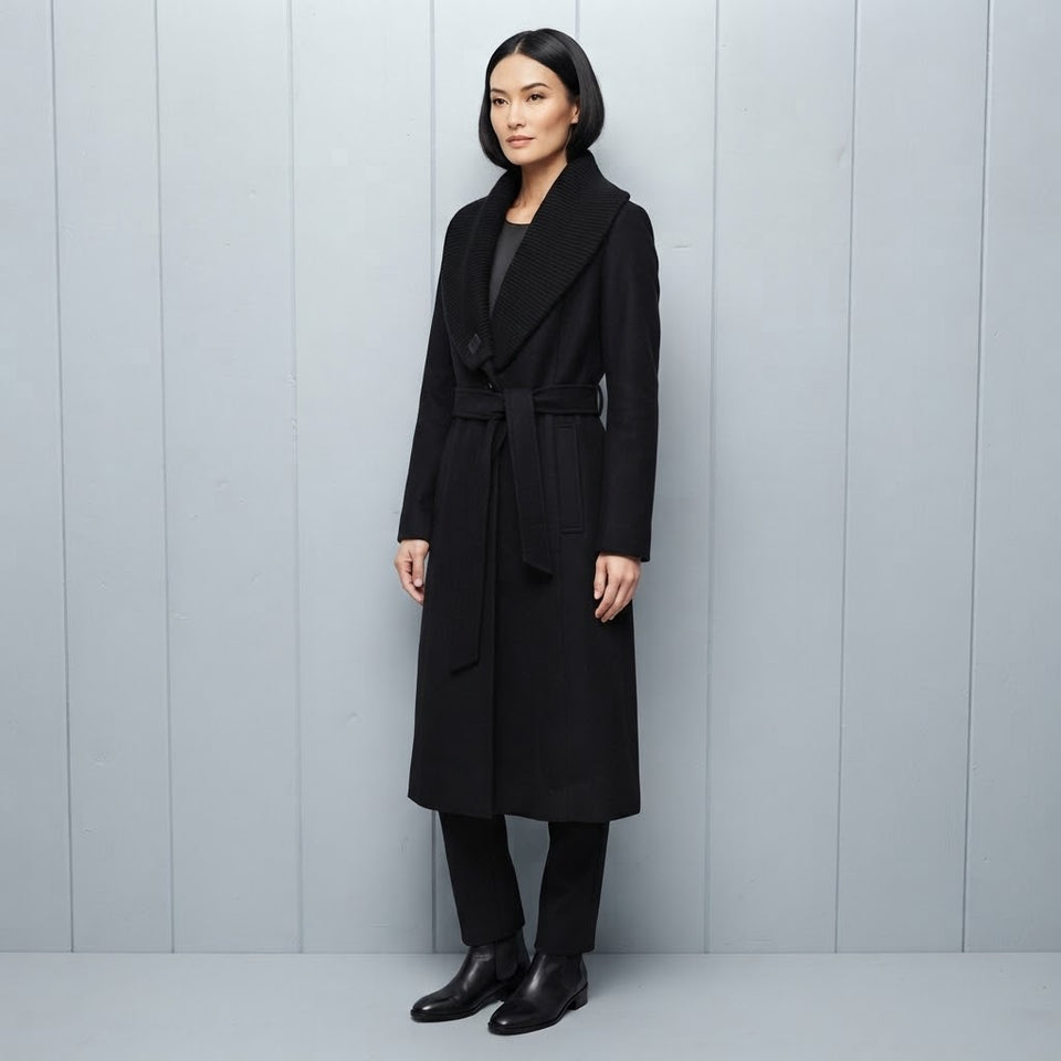 DKNY Women's Black Wool-Blend Shawl Collar Belted Long Coat