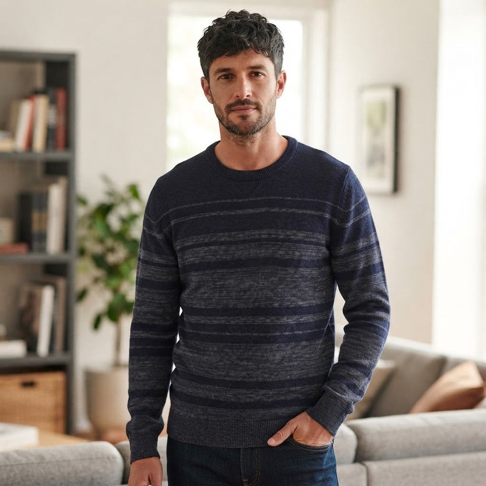 Perry Ellis Men's Navy & Grey Striped Crewneck Sweater