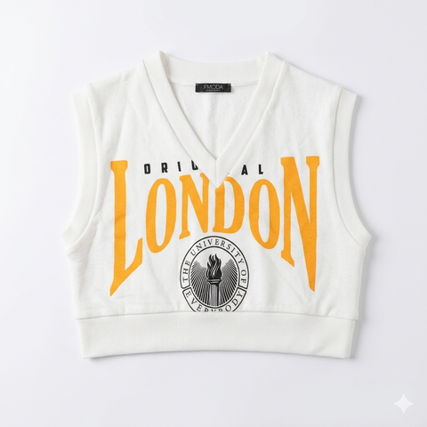 Fmoda Girl's White "London" Graphic V-Neck Sleeveless Sweatshirt | Fmoda In Lebanon