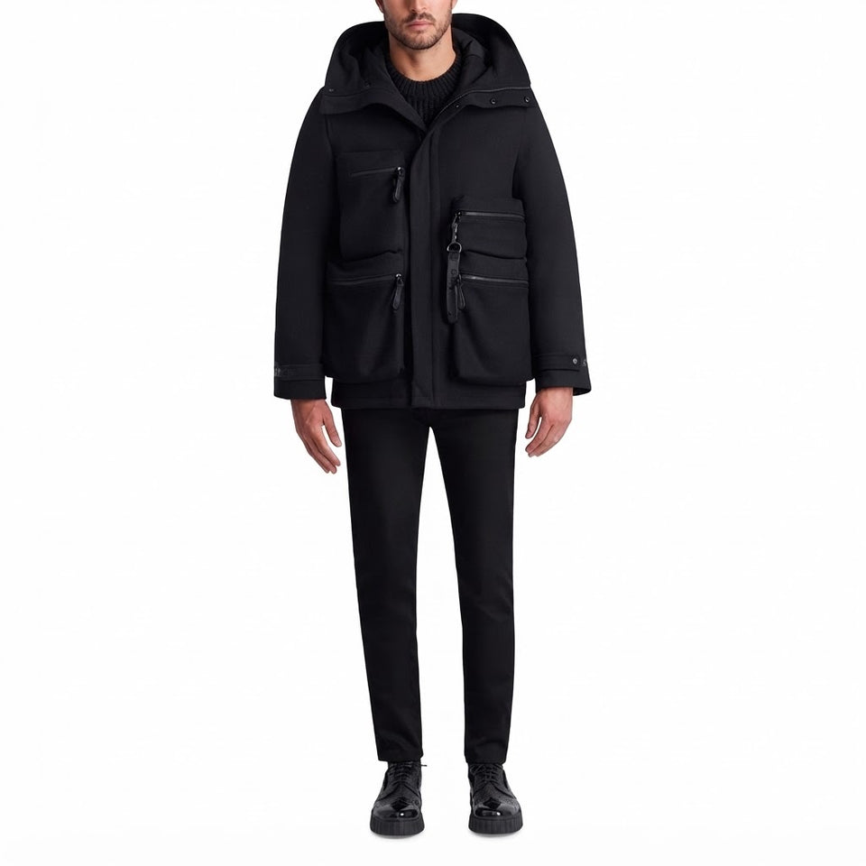 Karl Lagerfeld Paris Men's Black Utility Hooded Multi-Pockets Jacket