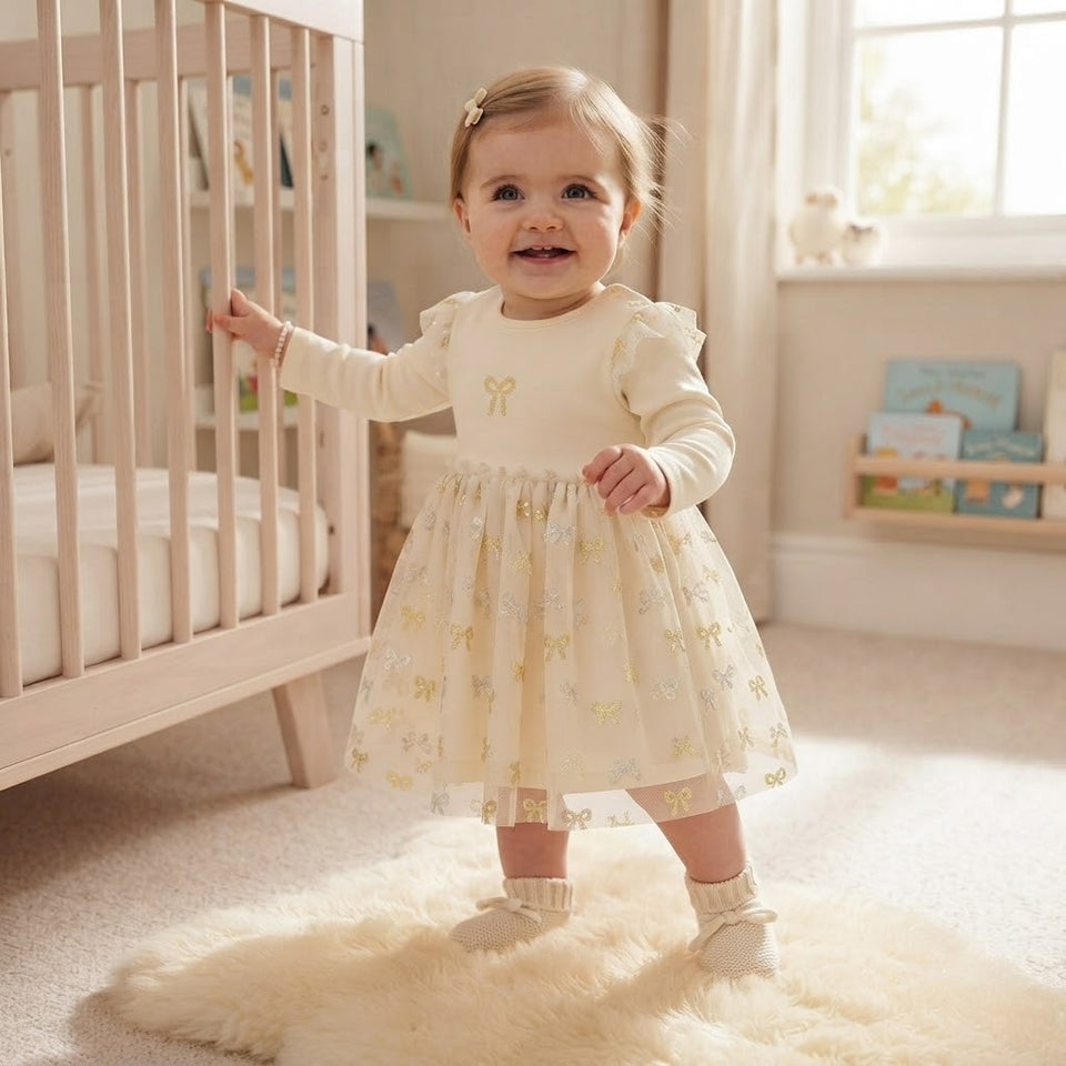 Sinsay Baby Girl's Cream Shiny Gold Bow Print Dress