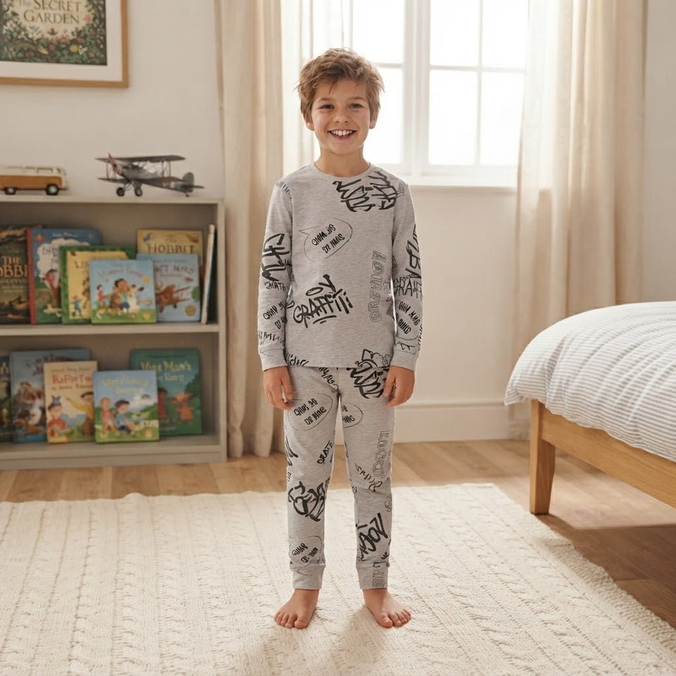 Sinsay Boy's Light Grey All-Over Text Print Pajama Set