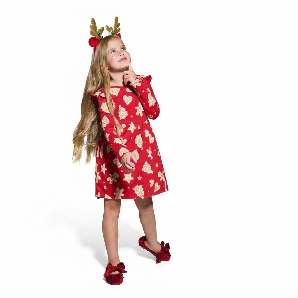 Sinsay Girl's Red Christmas All Over Printed Long-Sleeves Dress