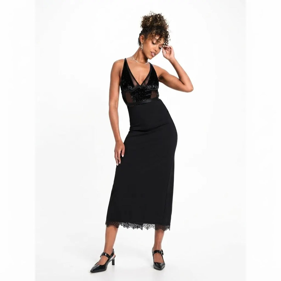 Sinsay Women's Black Sleek Delicate Lace Trim Midi Skirt