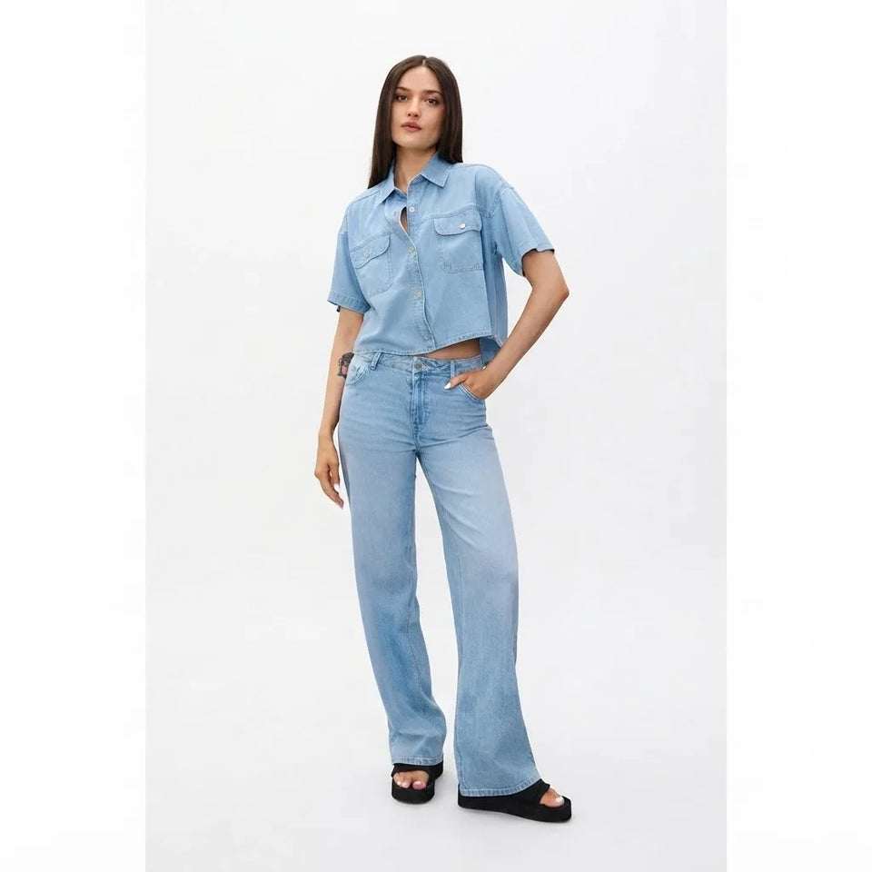 Sinsay Women's Light Blue Wide-Leg Classic Denim Jeans