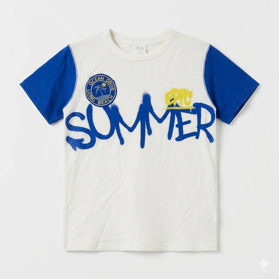 Zara Boy's White/Blue "Epic Summer" Printed T-Shirt | Zara In Lebanon