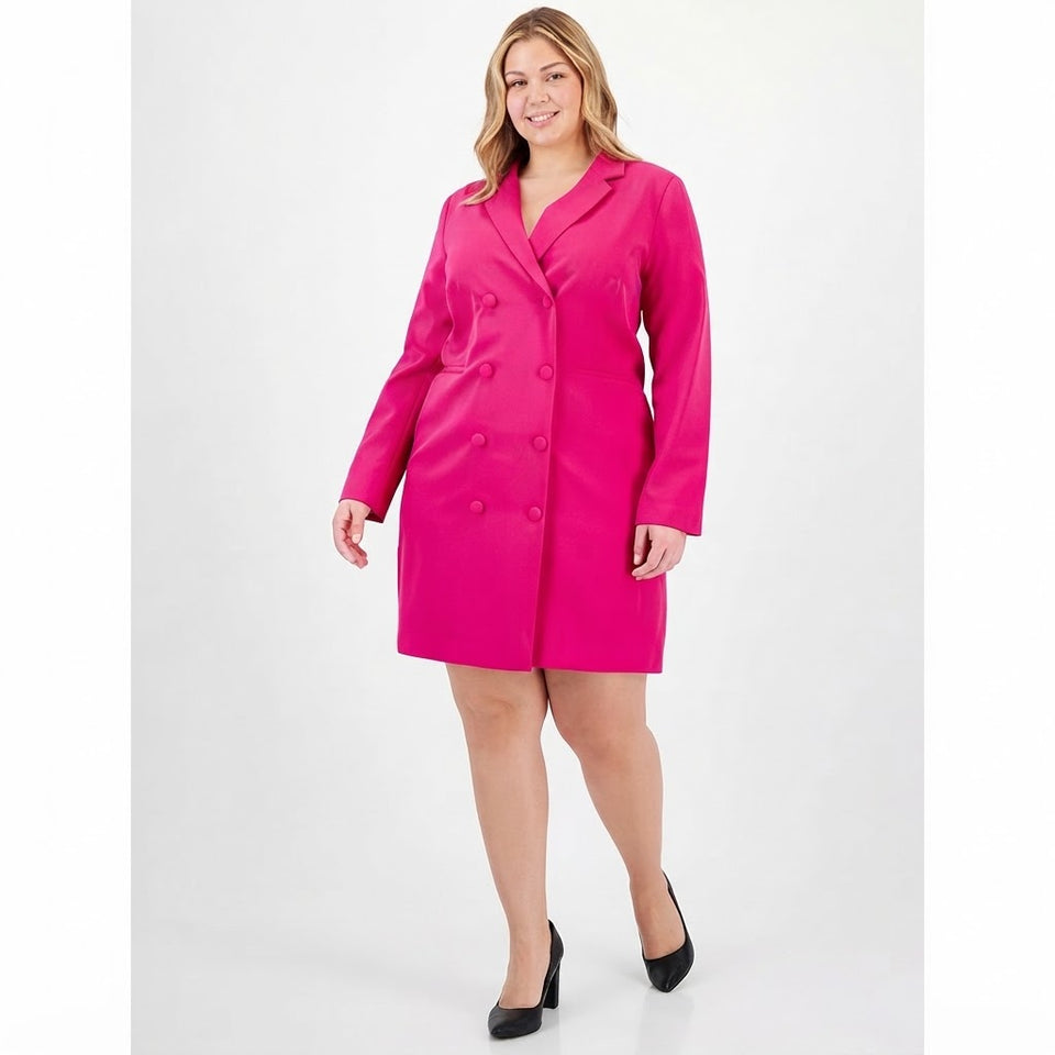Tahari Women's Hot Pink Double-Breasted Long Sleeves Blazer Dress