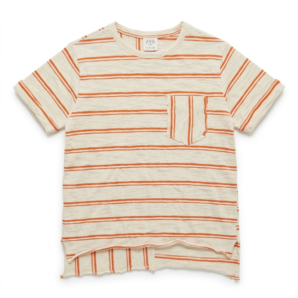 Zara Boy's Beige/Orange Striped T-Shirt With Chest Pocket | Zara In Lebanon