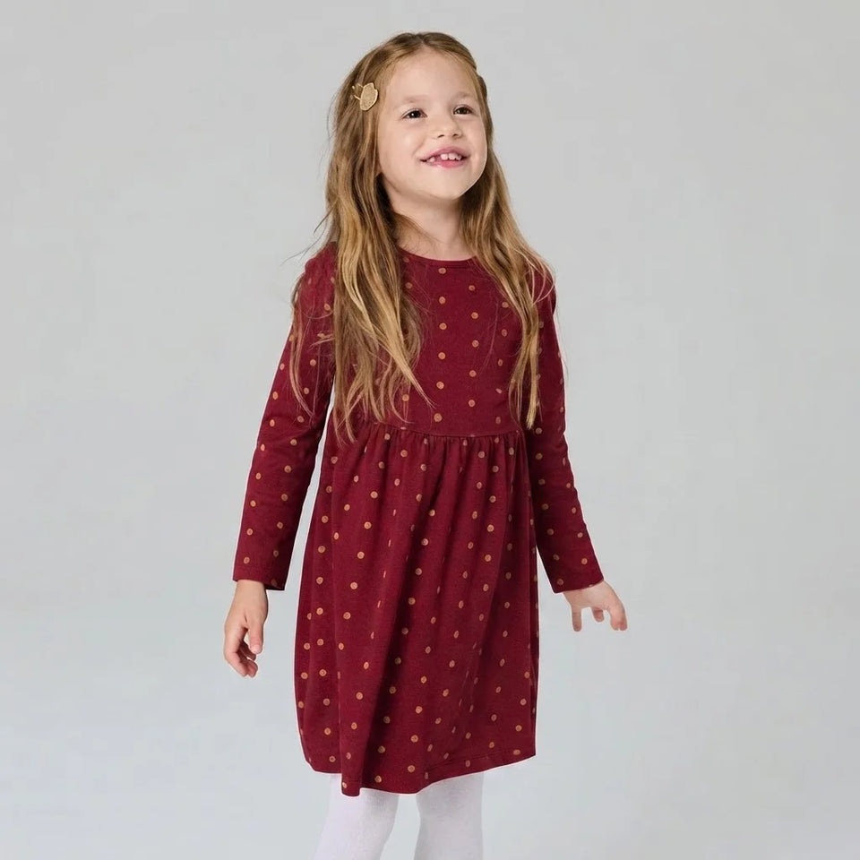 Sinsay Girl's Burgundy Polka-Dots Long-Sleeve Cotton Dress