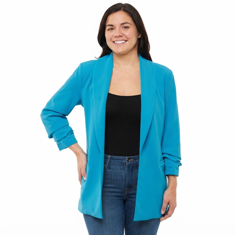 Dakota Blue Women's Blue Shawl Collar Ruched-Sleeves Blazer