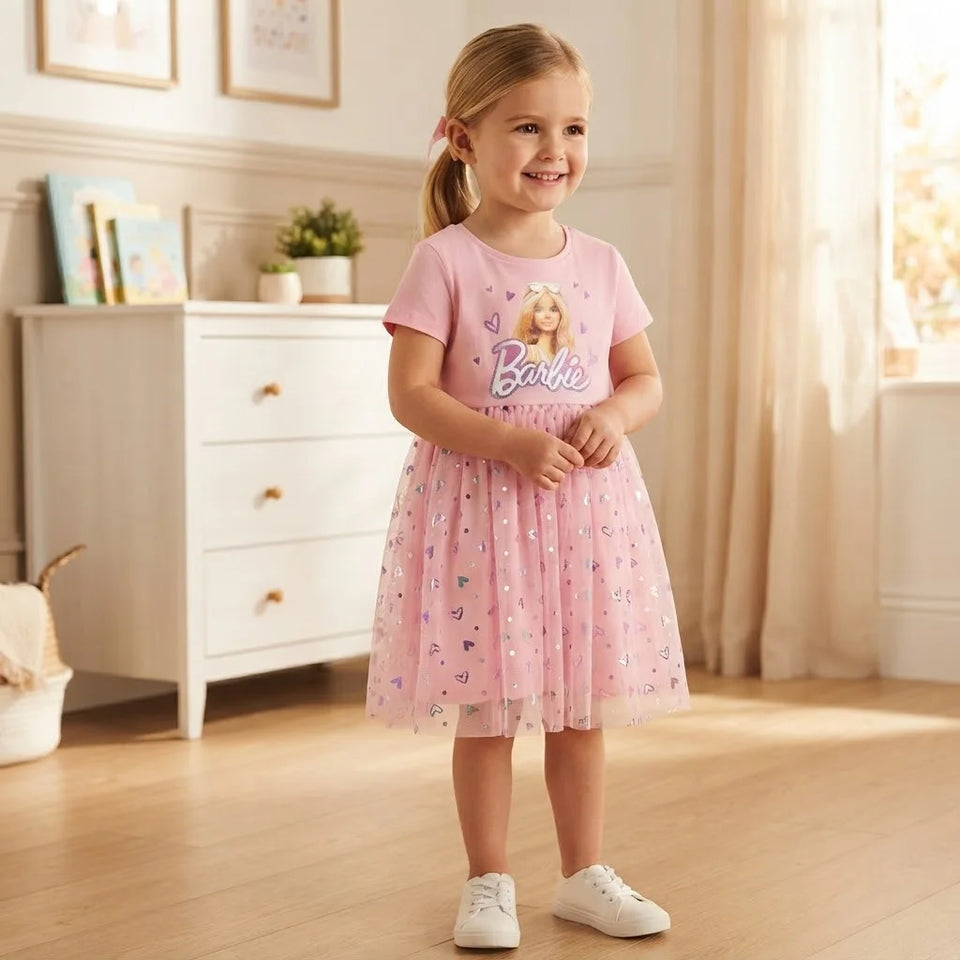 Sinsay Girl's Light Pink Barbie Graphic Sparkly Patterned Dress
