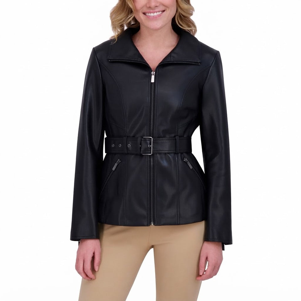 Kenneth Cole Women's Black Faux Leather Belted Jacket