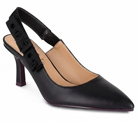 Black high-heeled shoe with slingback strap on a white background
