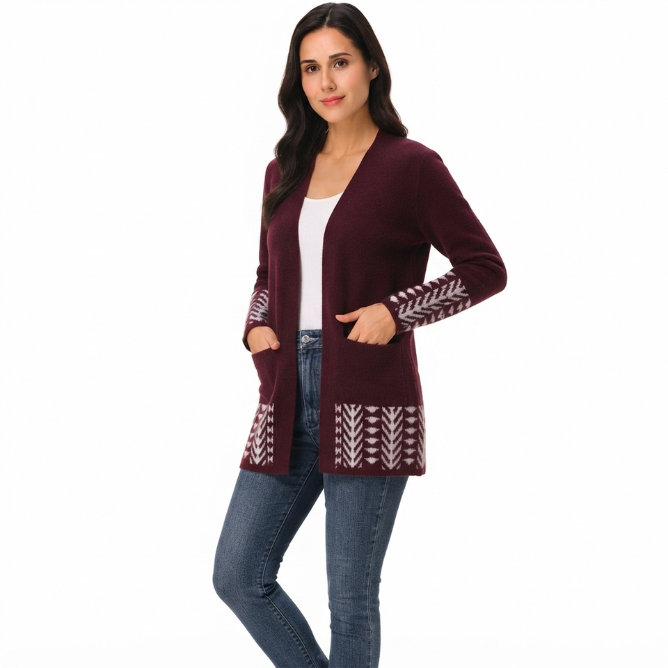 Frye Women's Maroon Open-Front Geometric Cardigan