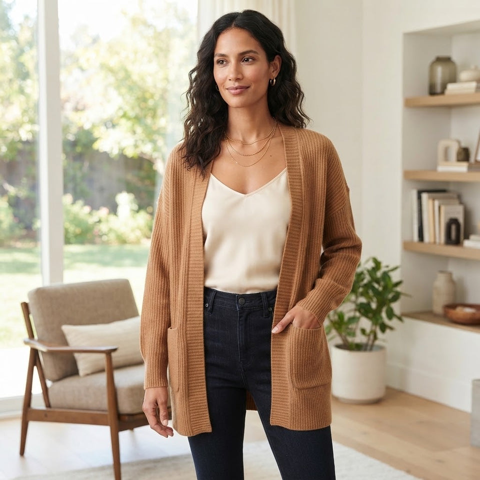 Max Mia Women's Brown Open-Front Ribbed Knit Cardigan